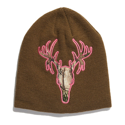 Ladies' Deer Appliqué Beanie, brown hat with pink outline.